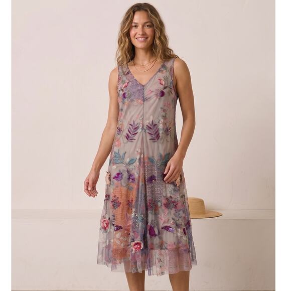 Johnny Was Dresses & Skirts - Johnny Was Silvana Midi Dress Womens M Multicolor Embroidered Floral Mesh Lined